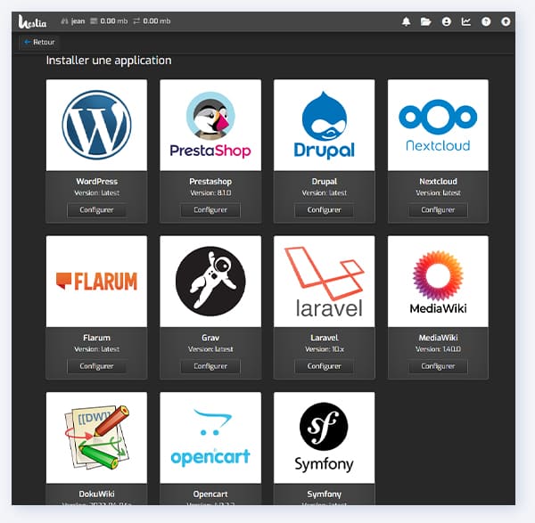 Applications disponibles sur HestiaCP